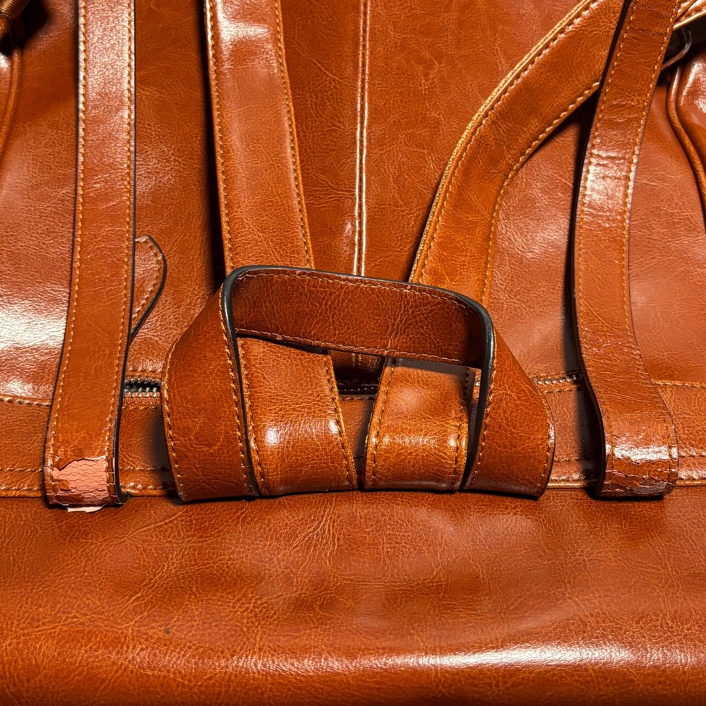 Iswee Cognac Brown Leather Laptop Backpack Unisex Flapover Satchel Bag 14 Inch - Picture 9 of 16
